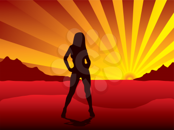 Royalty Free Clipart Image of a Woman Standing at Sunrise