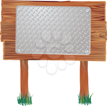 Royalty Free Clipart Image of a Wooden Sign With Metal on It