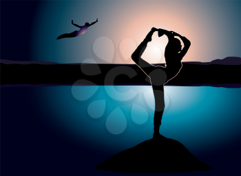 Royalty Free Clipart Image of a Girl Doing Yoga and Another Diving