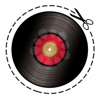 Royalty Free Clipart Image of a Scissors Cutting Around the Record