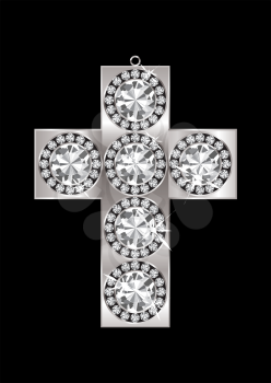 Silver crucifix pendant encrusted with diamonds and black background