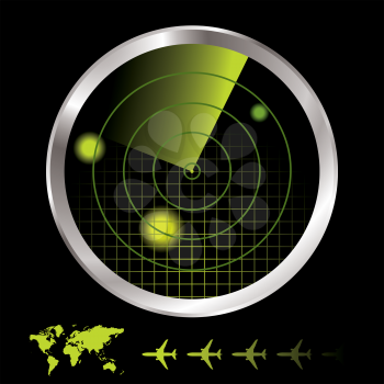Aircraft radar for airport with world map and plane icon