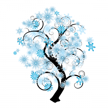 Blue and white snowflake abstract tree in silhouette