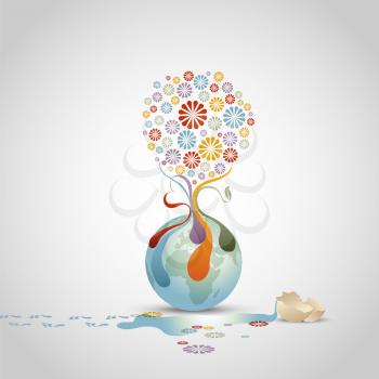 Royalty Free Clipart Image of a Concept of a Flower Tree on a Globe