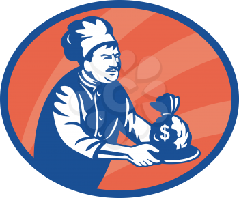 Royalty Free Clipart Image of a Man in a Baker's Hat With a Plate of Money