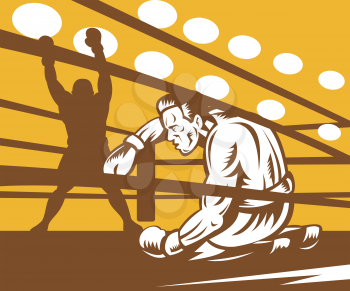 Royalty Free Clipart Image of a Boxing Match With One Boxer Down