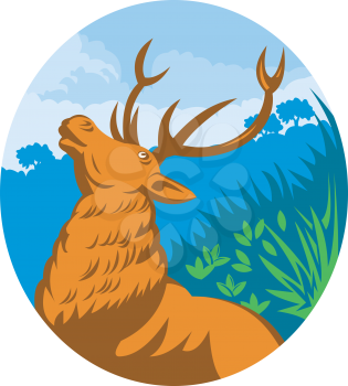 Royalty Free Clipart Image of a Stag Against a Mountain Background