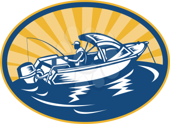 Royalty Free Clipart Image of a Man in a Power Boat Fishing