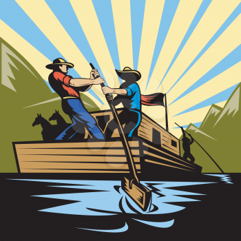 Royalty Free Clipart Image of Two Cowboys Steering a Flatboat