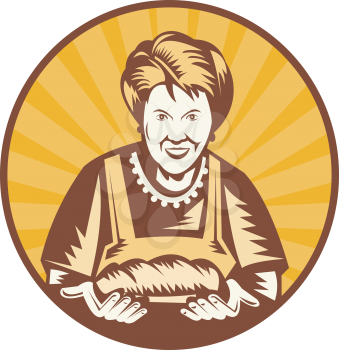 Royalty Free Clipart Image of a Woman Holding a Loaf of Bread