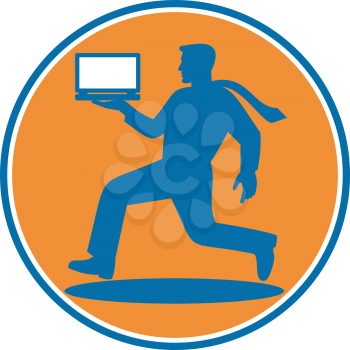 Royalty Free Clipart Image of a Guy Running With a Laptop