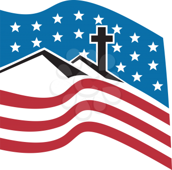 Royalty Free Clipart Image of a Logo Of Mountains and a Cross on the American Flag