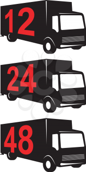 Royalty Free Clipart Image of a Set of Delivery Vans With Numbers on the Side