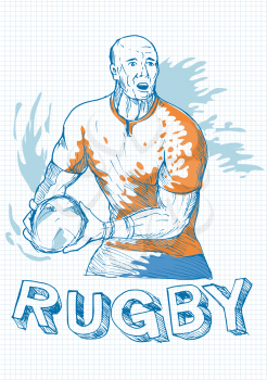 Royalty Free Clipart Image of a Rugby Player With the Ball Above the Word Rugby
