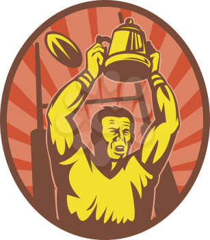Royalty Free Clipart Image of a Rugby Man Holding Up the Cup