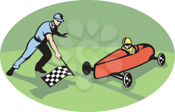 Royalty Free Clipart Image of a Soapbox Car Crossing the Finish Line