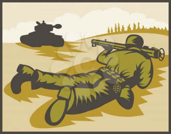 Royalty Free Clipart Image of a Soldier With a Bazooka Aimed at a Tank