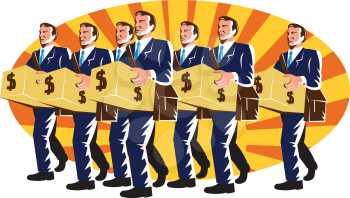 Illustration of a group of businessman banker employee worker walking carrying carton box with money dollar sign set inside ellipse with sunburst done in retro style.