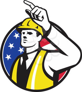 Illustration of a builder construction worker engineer foreman pointing set inside circle done in retro style.
