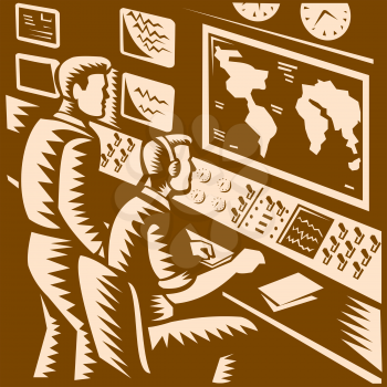 Illustration of a command center control room communications headquarter with two operators working in front of world map done in retro woodcut style.
