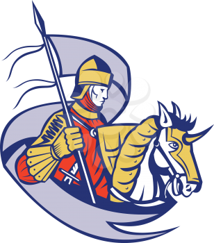 Illustration of knight in full armor with flag banner and shield riding horse steed done in retro woodcut style.