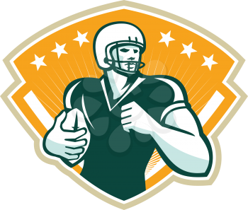 Illustration of an american football gridiron runningback player running with ball set inside crest shield done in retro style.