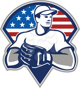 Illustration of an american baseball player pitcher outfilelder with glove set inside triangle with USA stars and stripes flag isolated on white background.