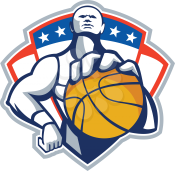 Illustration of a basketball player holding facing front set inside shield crest with stars done in retro style.