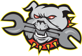 Illustration of an bulldog dog mongrel head mascot biting a spanner wrench tool facing front on white background done in retro style.