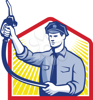 Illustration of fuel jockey gasoline attendant worker with fuel pump nozzle done in retro style.