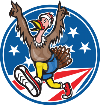Illustration of a wild turkey run trot running runner set inside circle with American flag stars and stripes done in cartoon style on isolated white background
