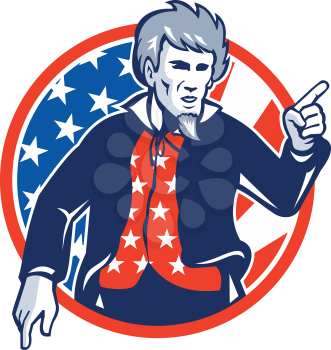Illustration of Uncle Sam pointing a finger at you set inside circle with stars and stripes American flag viewed from front.