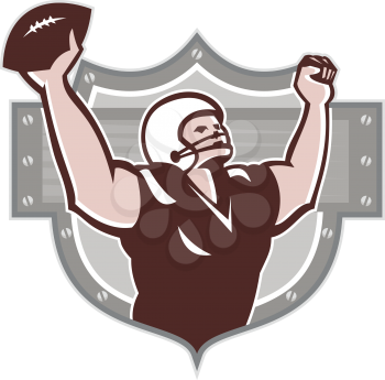 Illustration of an american football gridiron wide receiver running back player running with ball facing side celebrating touchdown set inside shield done in retro style set inside ball .