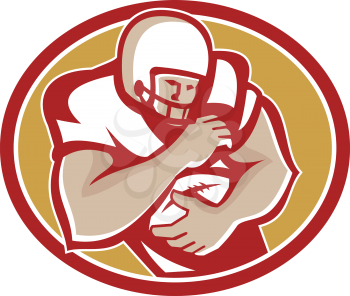 Illustration of an american football gridiron running back player running with ball facing front fending set inside shield done in retro style.