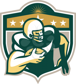 Illustration of an american football gridiron wide receiver running back player running with ball facing side set inside shield with stars done in retro style on isolated background.