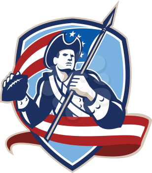 Illustration of an american patriot soldier football gridiron quarterback passing ball facing side carrying stars and stripes flag set inside crest shield done in retro style.