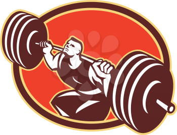 Illustration of a crossfit athlete muscle-up lifting barbells facing front set inside oval shape done in retro style on isolated white background