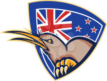 Illustration of an angry kiwi bird head viewed from side with New Zealand flag in background set inside crest shield done in retro style.