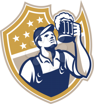 Illustration of a barkeep, barkeeper, barperson, barman, barmaid, bar attendant, or taberneiro worker drinking raising beer mug looking up set inside shield done in retro style.