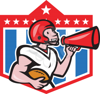 Illustration of an american football gridiron quarterback player holding bullhorn blowhorn shouting facing side set inside crest shield with stars in background done in cartoon style.