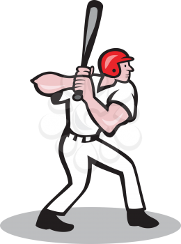 Illustration of a baseball player batter hitter batting with bat viewed from side done in cartoon style isolated on white background.