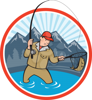 Illustration of a fly fisherman with fly rod and reel reeling and netting up a trout fish set inside circle with lake, trees and mountain in background done in cartoon style.