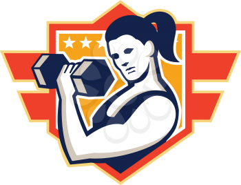 Illustration of a woman lifting dumbbell weight training set inside shield crest shape done in retro style.