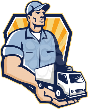 Illustration of a removal man delivery guy with moving truck van on the palm of his hand handing it over to you set inside shield circle done in retro style.