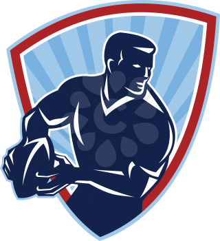Illustration of a rugby player running about to pass the ball done in retro style set inside shield.