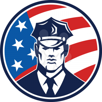Illustration of an American policeman security guard police officer facing front set inside circle with USA stars and stars flag done in retro style.