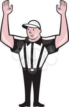 Illustration of an american football official referee with hand pointing up signal for a touchdown facing front set on isolated background done in cartoon style.