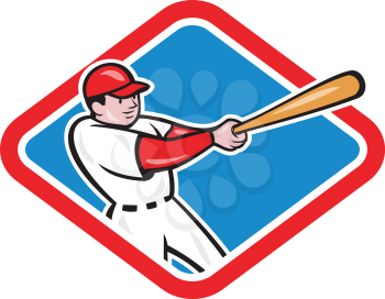 Illustration of a baseball player batting set inside diamond shape on isolated background done in cartoon style.