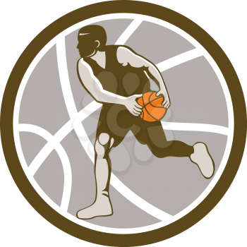 Illustration of a basketball player dribbling ball facing side set inside circle with ball on isolated white background.