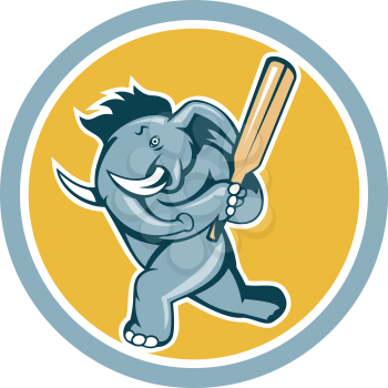 Illustration of an african elephant batting with cricket bat done in cartoon style on isolated white background.